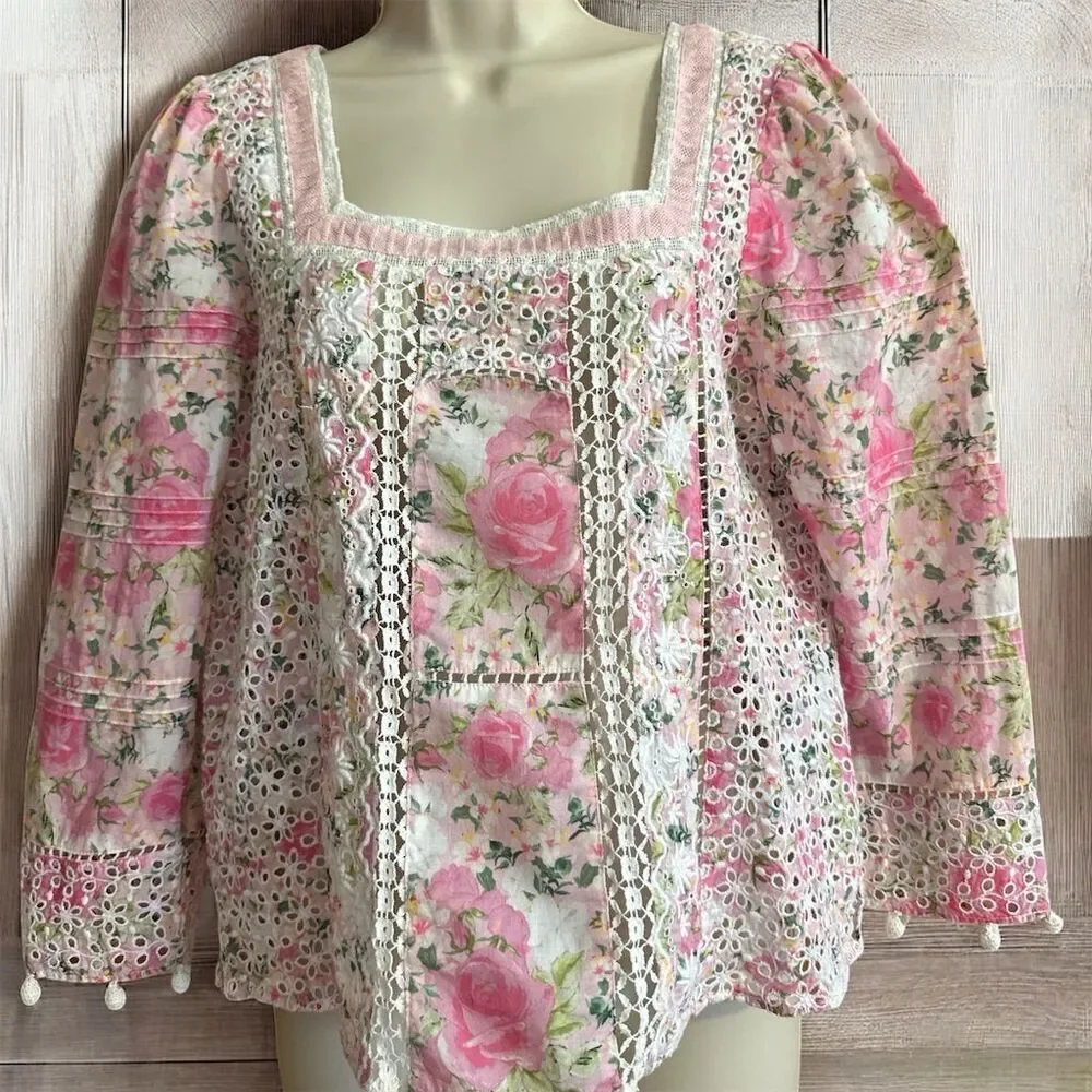 LoveShackFancy Romantic Eyelet Pink White Floral Square Neck Blouse Sleeve